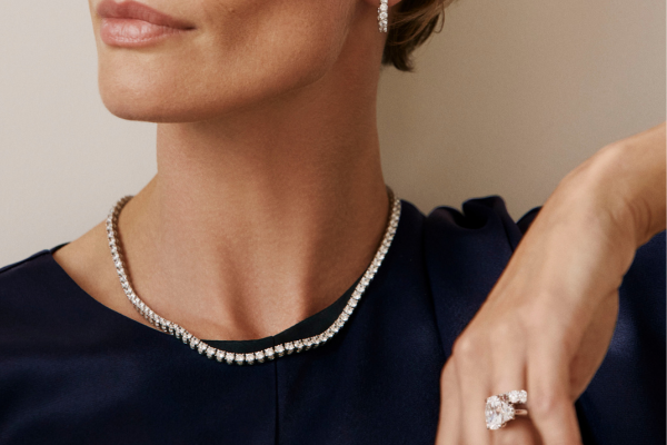 Diamond necklace, earrings, and ring with a quiet luxury aesthetic