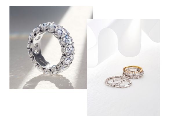 Eternity ring and a stack of wedding rings