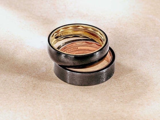 a set of black titanium wedding bands with a satin finish